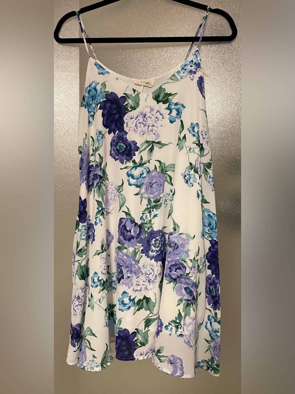 Peach Love California White Floral Mini Dress with Blue & Purple Blooms